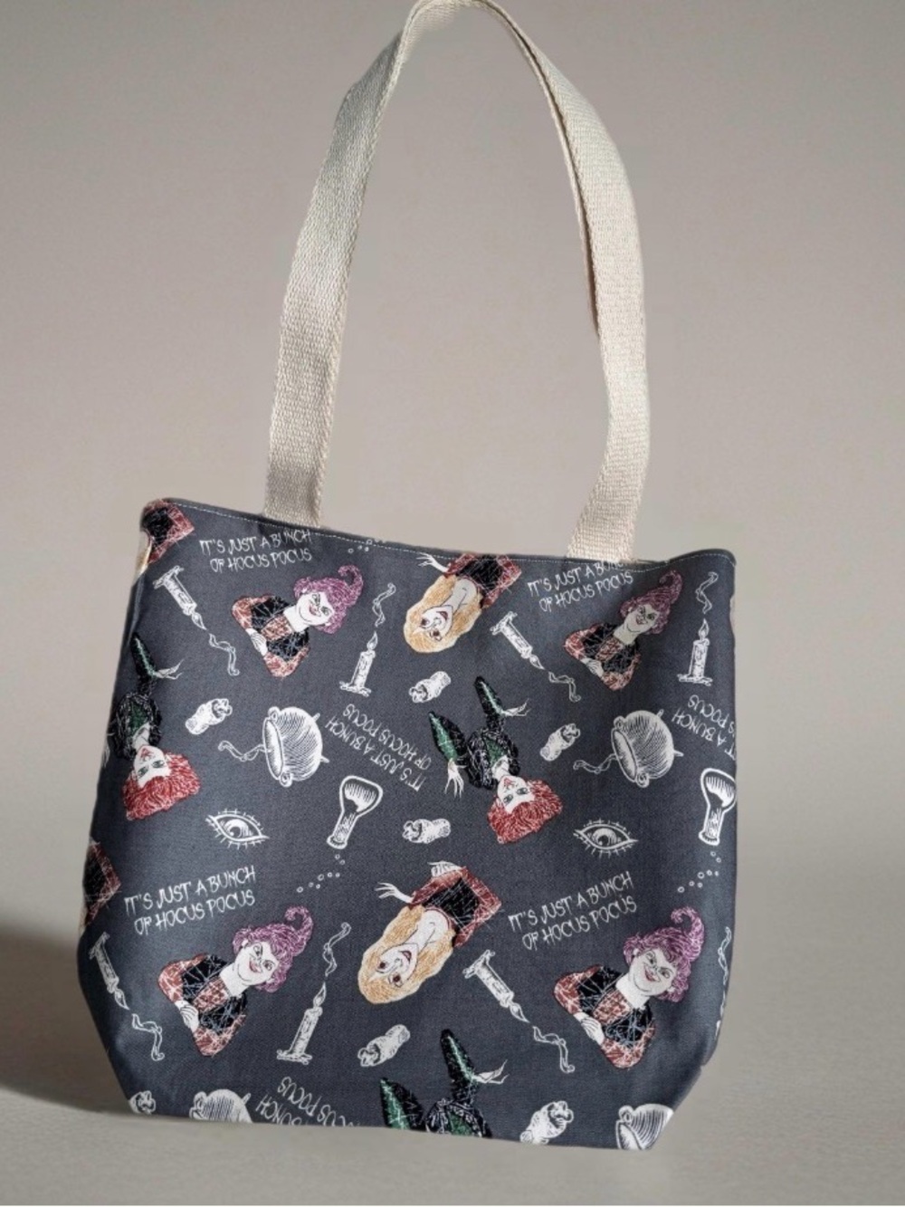 Hocus Pocus Canvas Tote in Charcoal Gray with Cream Straps